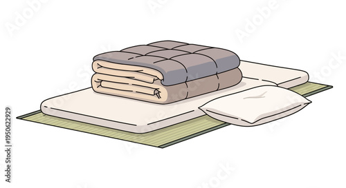 Japanese Futon Bedding Set: Folded Quilt, Mattress, Pillow on Tatami Mat