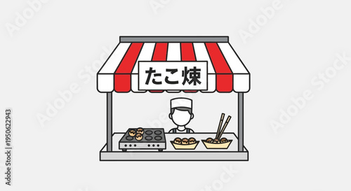 Japanese Takoyaki Street Food Stall with Chef and Delicious Octopus Balls
