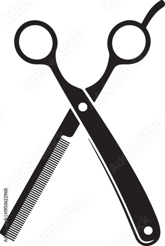Black hairdressing scissors with a comb attached to the handle.
