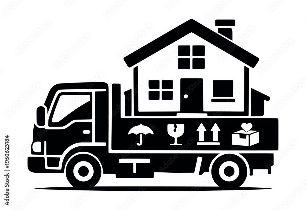 Naklejka premium Delivery truck carrying a house and package symbols, representing moving, home relocation, property transport, and shipping services