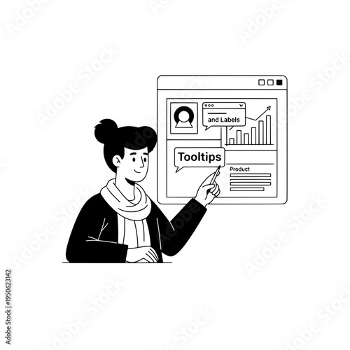Presenter explains data visualization with tooltips and labels on a dashboard or Professional style chart walkthrough with interactive tooltips and labels