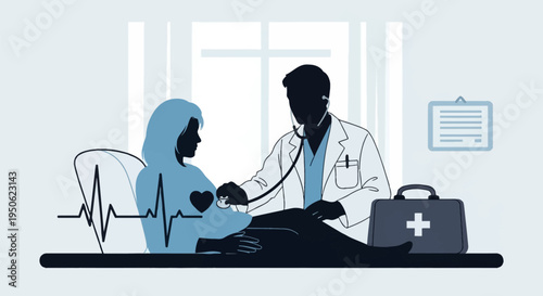 Silhouette illustration of a male doctor in a lab coat using a stethoscope to examine a female patient's chest with an EKG heartbeat line, medical bag, and clinic background.