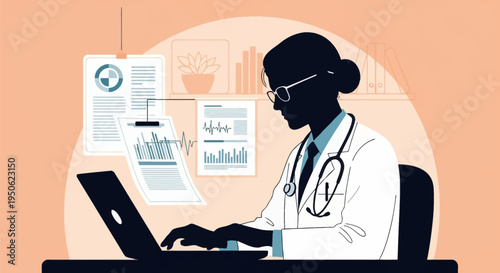 Vector illustration of a female doctor silhouette wearing a stethoscope and lab coat, analyzing medical data on a laptop with floating digital charts and patient health reports.