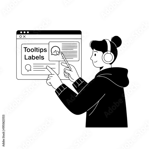 black and white line art designer showing tooltip labels on a screen or minimal black and white illustration of a person presenting tooltips and labels