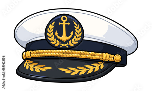 Marine officer's white and navy captain hat featuring a golden anchor insignia, braided cord, and stylized leaves