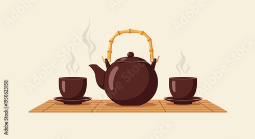 Traditional Japanese Tea Set with Steaming Cups on Bamboo Mat