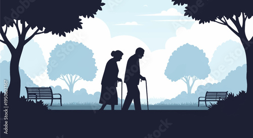 Silhouette of an elderly man and woman walking with canes in a public park with trees and benches. Flat vector illustration of senior citizens strolling together in a blue landscape.