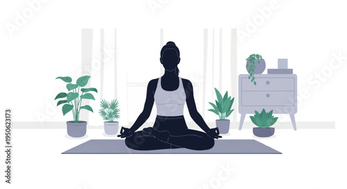 Vector illustration of a dark silhouette of a woman practicing meditation in lotus pose on a mat, surrounded by various indoor potted houseplants, white curtains, and a side table.