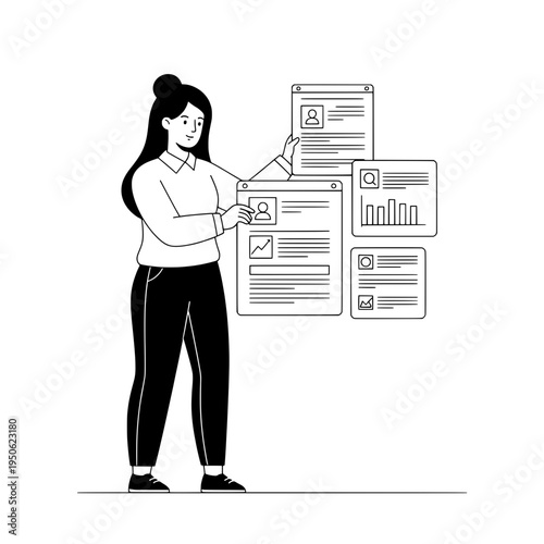 Professional presenter with resumes and dashboards for hiring or Elegant illustration showing resumes and reports for recruitment