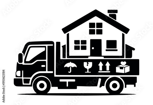 Delivery truck carrying a house and package symbols, representing moving, home relocation, property transport, and shipping services