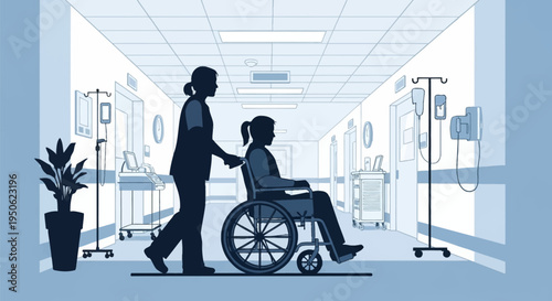 Silhouette of a female nurse pushing a patient in a wheelchair through a light blue monochromatic hospital corridor featuring medical equipment, IV stands, and clinic hallway details.