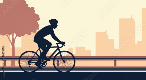 Silhouette of a male cyclist wearing a helmet riding a road bicycle on an urban path next to a stylized tree and city skyline at sunset in a minimalist flat vector graphic style.