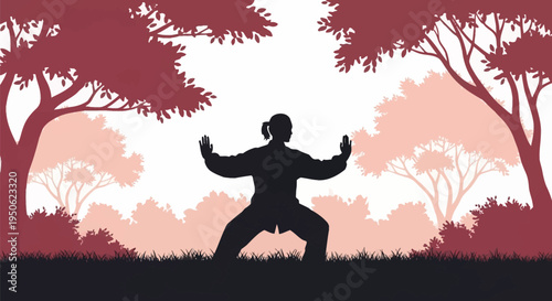 Silhouette of a person with a ponytail practicing Tai Chi or Qigong in a park surrounded by layered trees and bushes, vector illustration with monochromatic reddish pink tones.