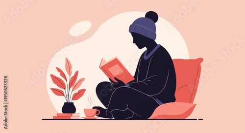 Minimalist vector illustration of a person's silhouette sitting cross-legged on the floor reading a book, wearing a knit hat, with a steaming cup of tea and a potted plant nearby.