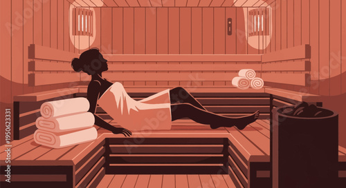 Vector illustration of a female silhouette reclining in a traditional wooden sauna, wearing a towel, with folded towels and a rock heater on a warm monochrome background.