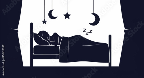 Silhouette illustration of a person sleeping in a bed with hanging moon and star decorations, featuring side curtains and Zzz sleep symbols, black and white minimalist design.