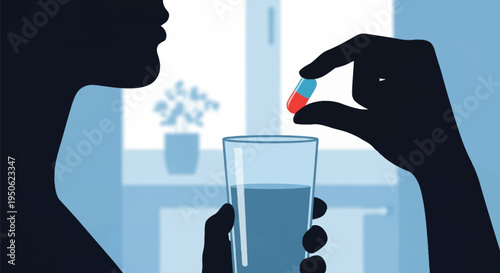 Vector silhouette profile of a person taking a red and blue medicinal capsule with a glass of water. Minimalist graphic for healthcare, supplements, and daily routine.