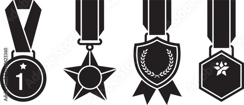 Collection of silhouette medal icons with ribbons for awards and achievements