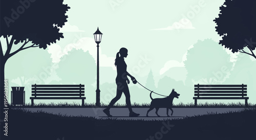 Silhouette of a woman walking her dog on a leash in a public park with benches, a street lamp, and trees under a cloudy sky in a flat vector illustration style.