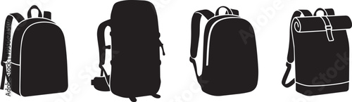 Collection of four different backpack silhouettes with straps and pockets, isolated on black