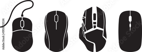 Collection of four computer mouse outlines, some with cables, showing different designs
