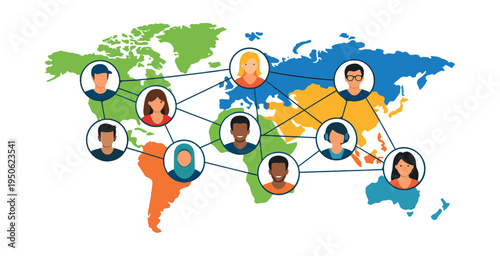 Diverse user avatars connecting with lines over a colorful world map, symbolizing a global network, social media, and communication