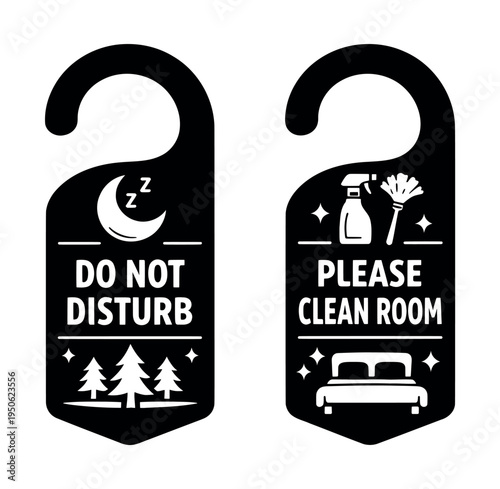 Door hanger signs providing options for hotel guests requesting privacy with Do Not Disturb or Please Clean Room service