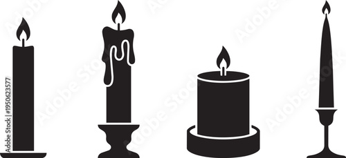 Collection of four burning candle silhouettes with pillar taper and melting wax shapes in various holders