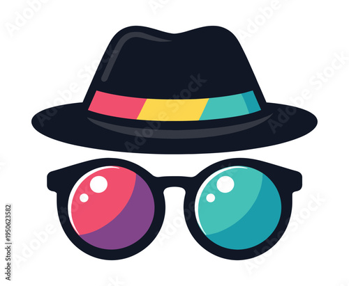 Fedora hat and round sunglasses with vibrant lenses representing mystery, privacy, and fashion style