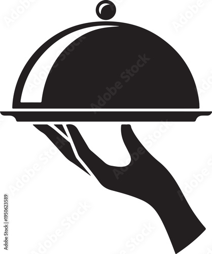 A waiter holding a dome-shaped serving tray with a small circular knob on top