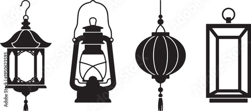 Collection of diverse traditional lantern silhouettes and hanging lamps, graphic design elements