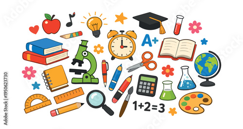 Assortment of colorful doodle-style school supplies, stationary, and educational tools on a white background, representing learning and back-to-school