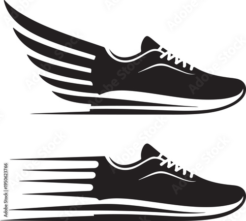 Dynamic black running shoes with wings and speed lines illustration