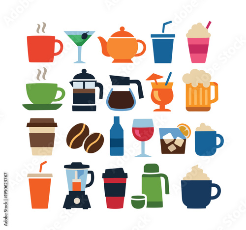 Assortment of hot and cold drink icons, showcasing various beverages and their containers for menus and refreshment concepts
