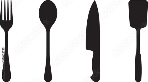 Set of four silhouette icons representing common cutlery items: fork, spoon, knife, and butter knife