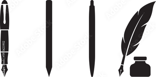 Collection of writing instruments including a quill pen, inkwell, and a modern pen