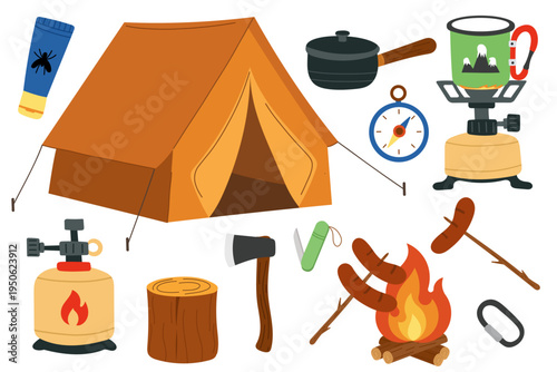 Camping equipment set with tent, campfire, gas stove, sausages on sticks, compass, mug, saucepan, axe, knife, mosquito repellent and carabiner. Outdoor adventure icons isolated on white background. 