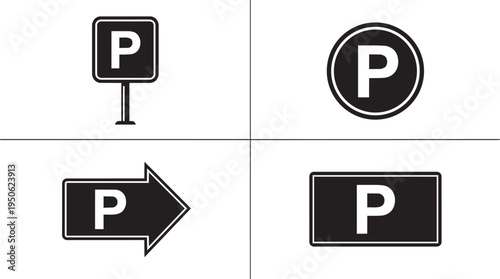 Collection of parking lot sign icons with letter P, different shapes and styles