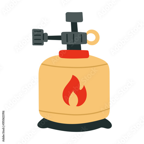 Portable camping gas canister with burner valve icon. Compact fuel tank for camping stove isolated on light background. Outdoor cooking equipment for hiking, trekking and backpacking trips.