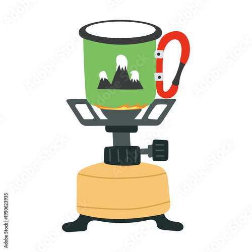 Camping gas stove with mug boiling water. Portable camping burner with metal cup heating over flame, outdoor cooking equipment  illustration isolated on light background. Hiking and trekking kitchen.