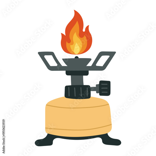 Сamping gas stove burner with flame. Compact outdoor cooking equipment vector illustration on light background. Backpacking camping stove for hiking, trekking and travel kitchen gear. 