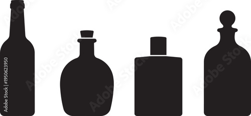 Collection of four silhouette illustrations of different bottle shapes with stoppers