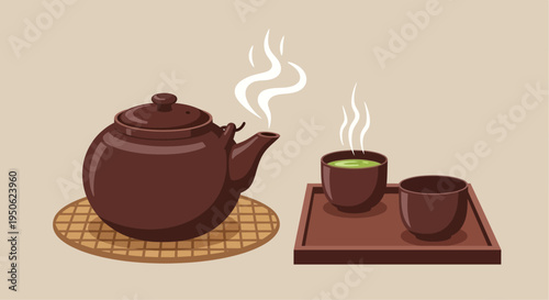 Japanese Matcha Tea Ceremony: Hot Green Tea in Teapot and Cups on Tray