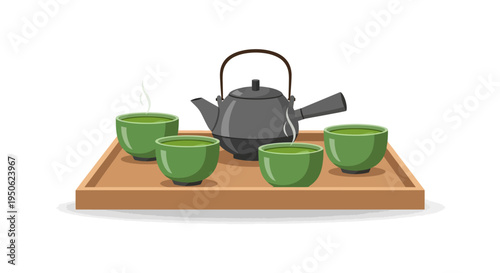 Japanese Tea Ceremony: Green Tea Set on Wooden Tray