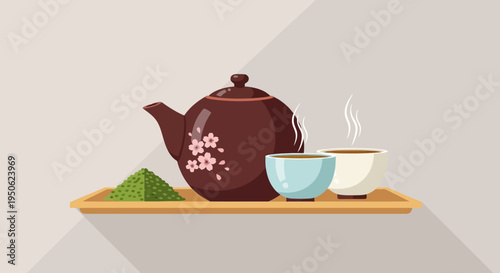 Japanese Tea Ceremony Set: Matcha Powder, Teapot, and Cups on Tray