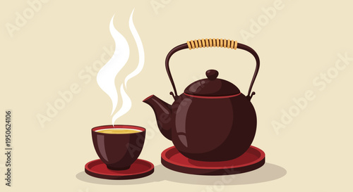 Steaming Hot Tea in Cup and Teapot on Saucers, Cozy Beverage