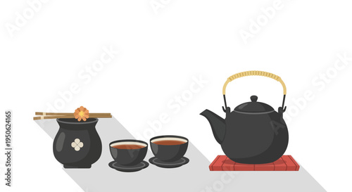 Traditional Japanese Tea Set with Teapot, Cups, and Chopsticks on White Background