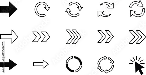 Collection of black and white arrow and refresh icons direction right