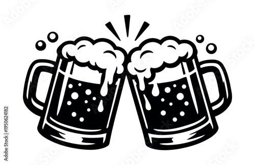 Two beer mugs clinking together with overflowing foam and bubbles, representing a toast, celebration, and friendship