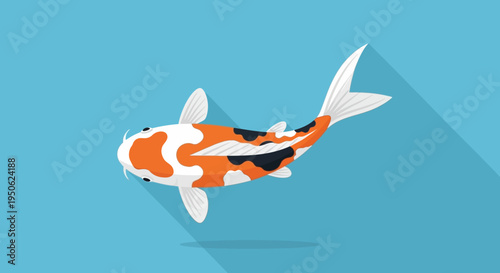 Vibrant Koi Fish Swimming in Clear Blue Water, Japanese Carp, Flat Design
